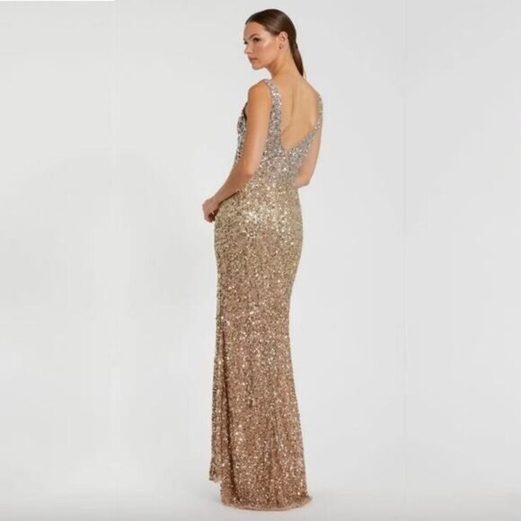 NWT MAC DUGGAL Dress 0 Evening Gown Sequin Ombre Gold Silver V Neck Slit #7968 - Picture 4 of 12